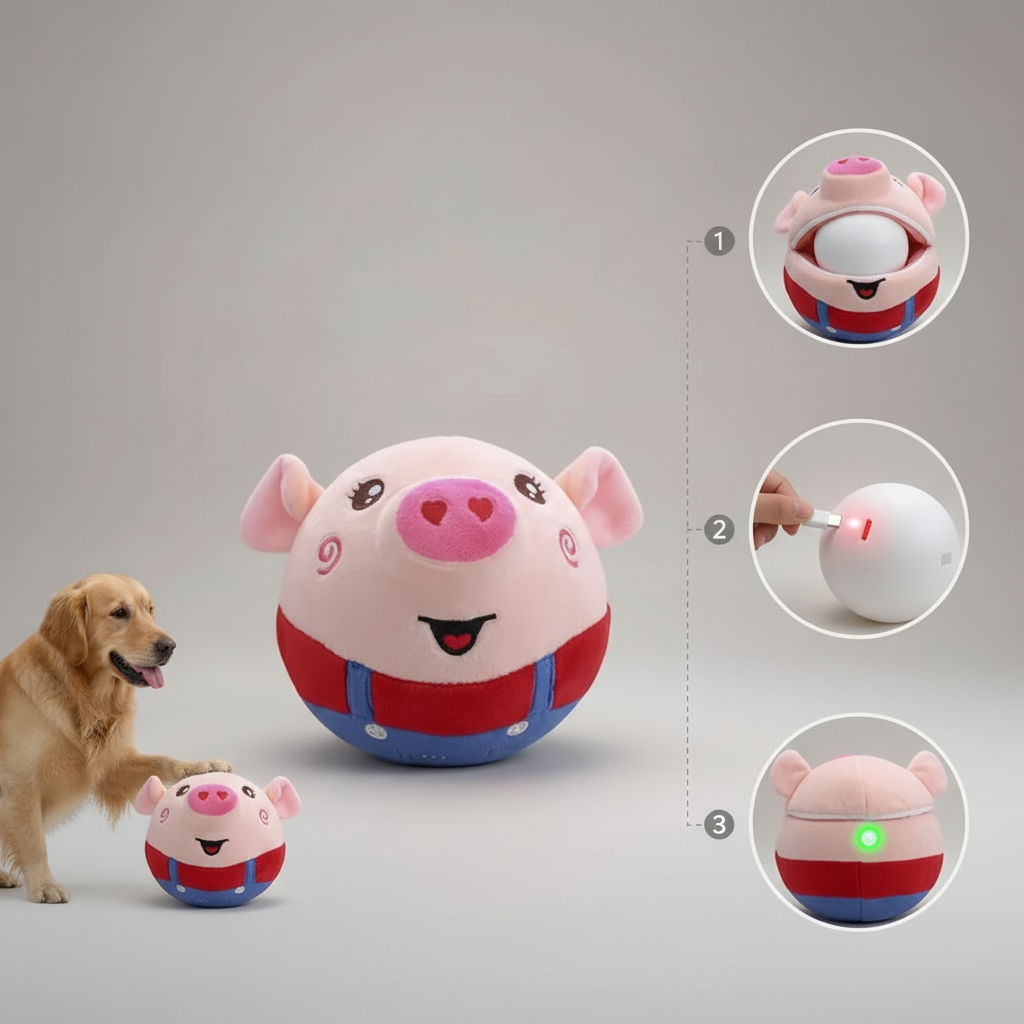 Interactive Jumping Plush Pig Ball for Dogs & Cats, USB Rechargeable with Sound, Removable Cover