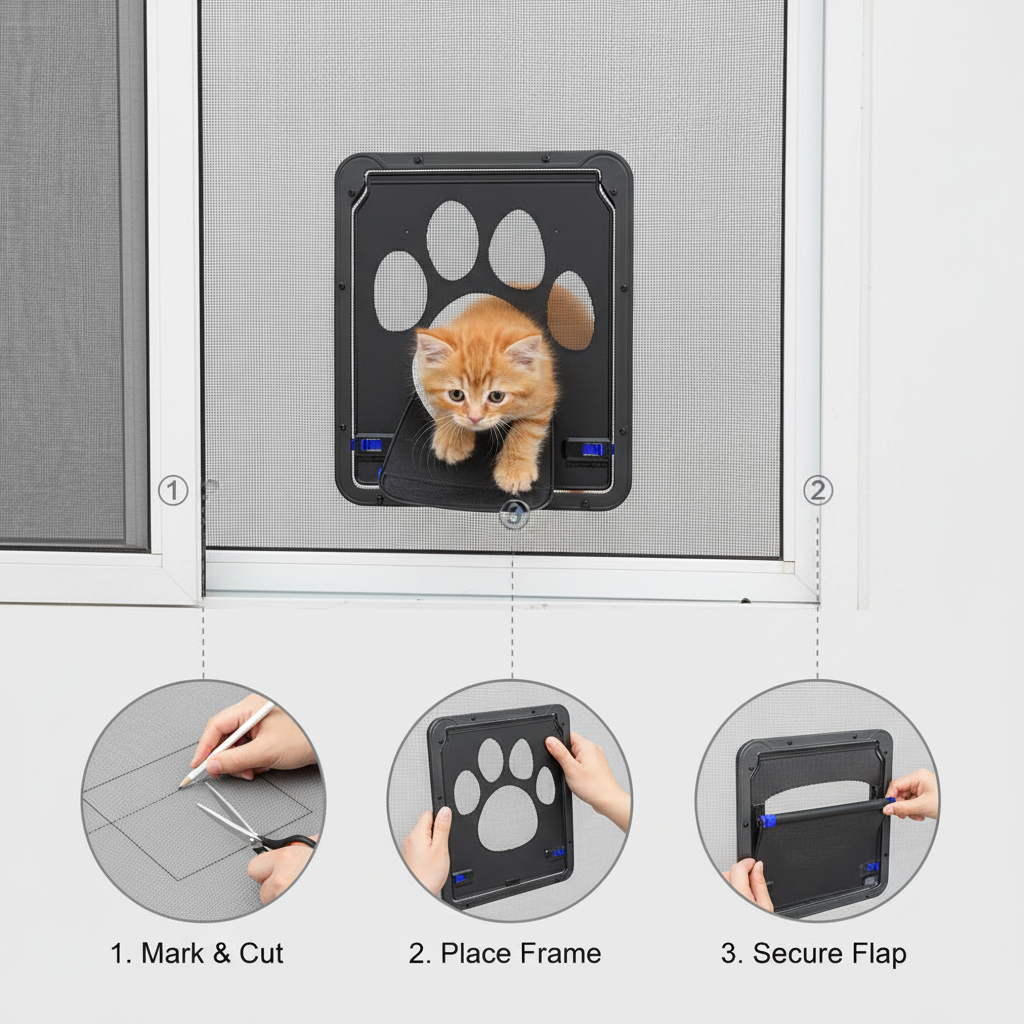 Lockable Pet Screen Door for Cats & Small Dogs, 4-Way Locking Flap for Mesh Screens