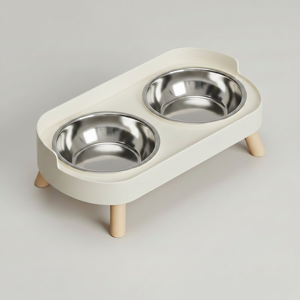 Elevated Double Pet Bowl Stand for Cats & Small Dogs, Stainless Steel or Plastic Bowls