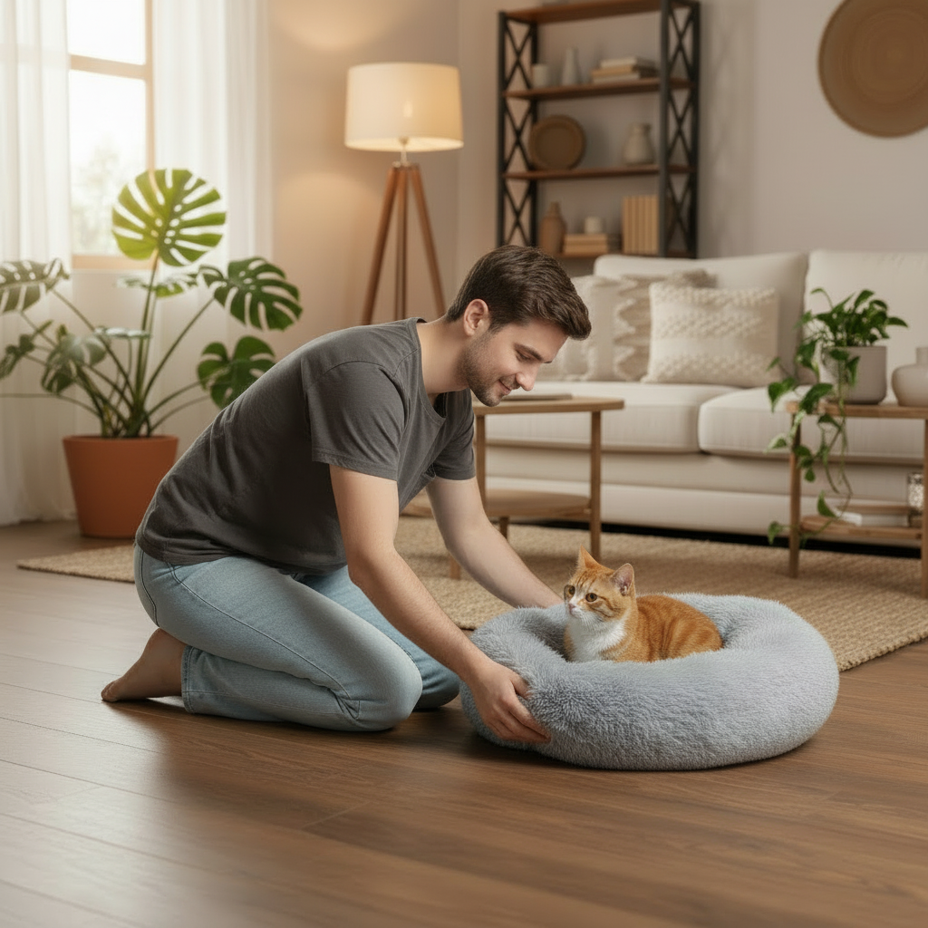 Plush Donut Pet Bed for Cats & Dogs with Raised Edges and Removable Cover, 40 to 70 cm