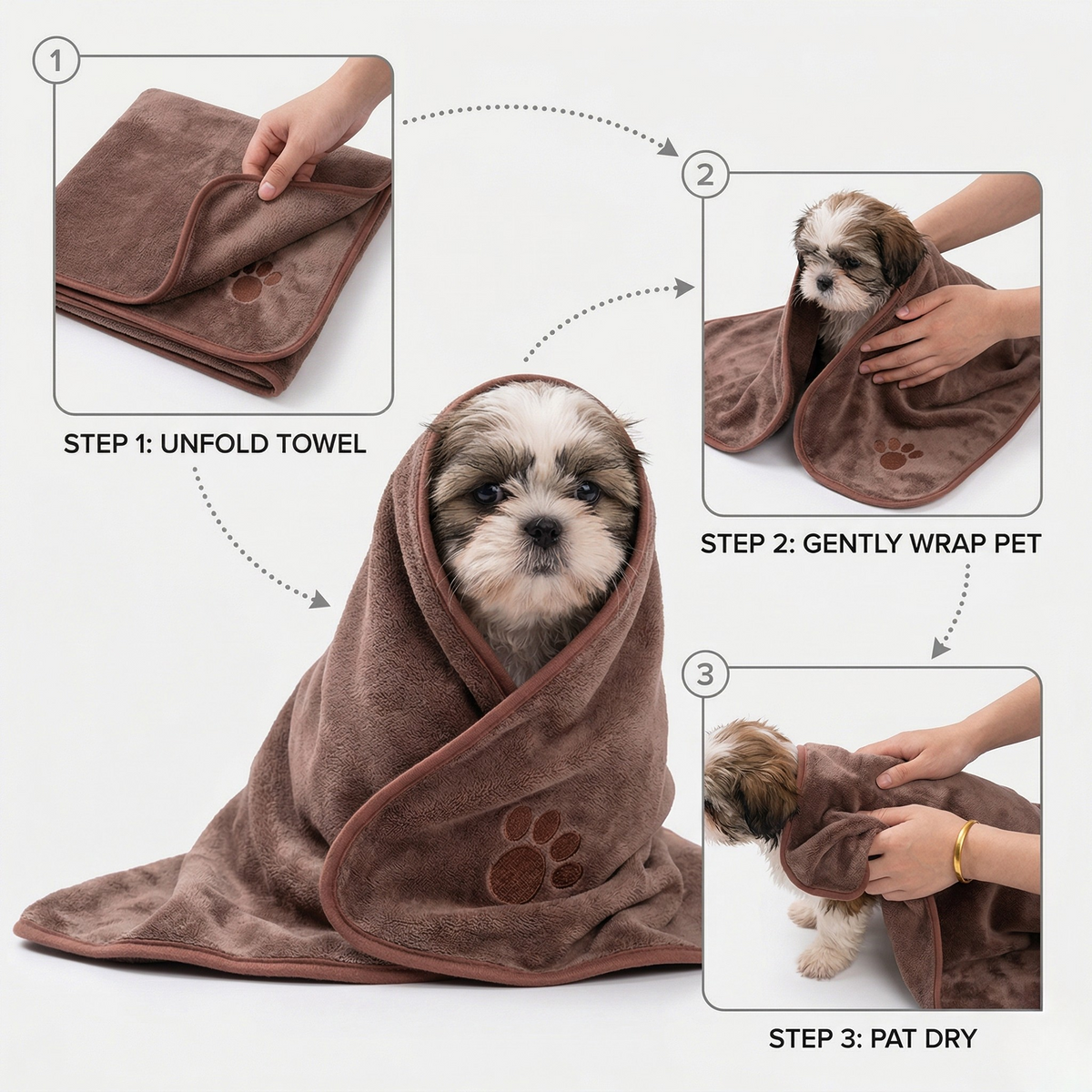 Quick-Dry Microfiber Pet Towel for Dogs & Cats, Absorbent Embroidered Bath Towel, 4 Sizes
