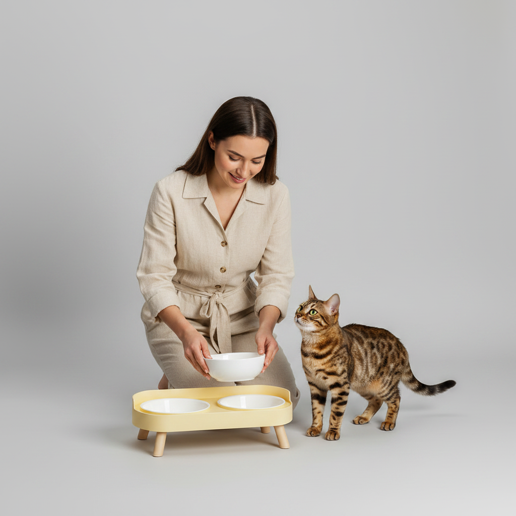Elevated Double Pet Bowl Stand for Cats & Small Dogs, Stainless Steel or Plastic Bowls