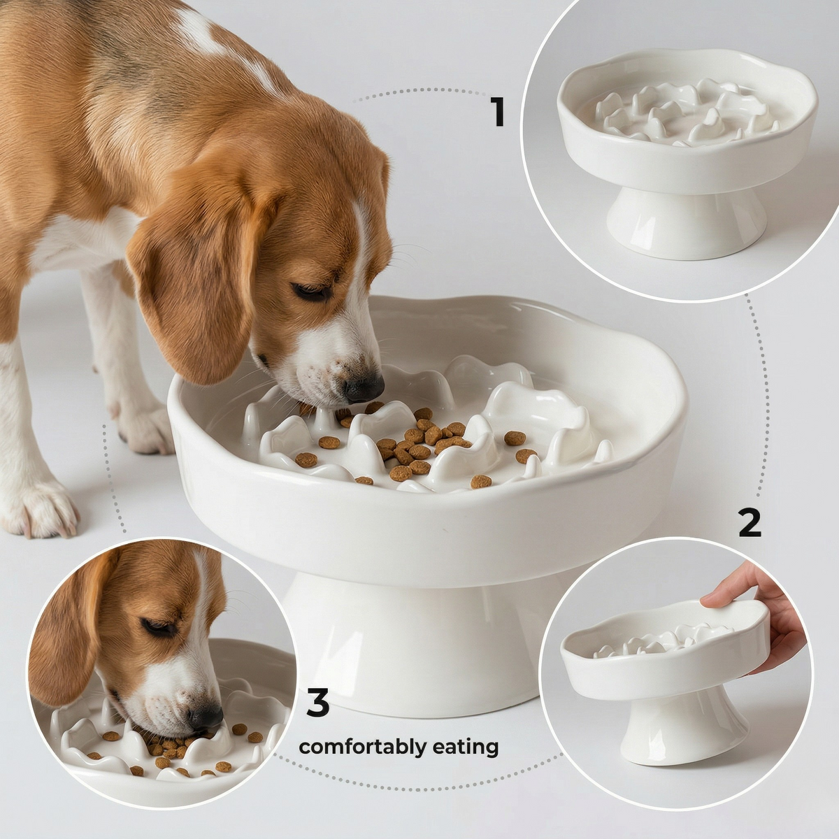Raised Ceramic Slow Feeder Bowl for Cats & Small to Medium Dogs, Anti-Slip Base