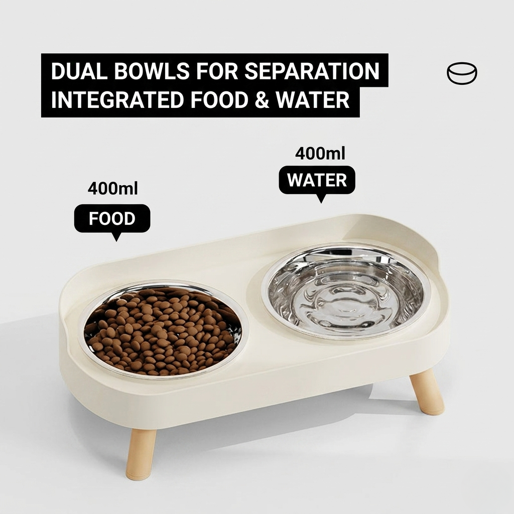 Elevated Double Pet Bowl Stand for Cats & Small Dogs, Stainless Steel or Plastic Bowls