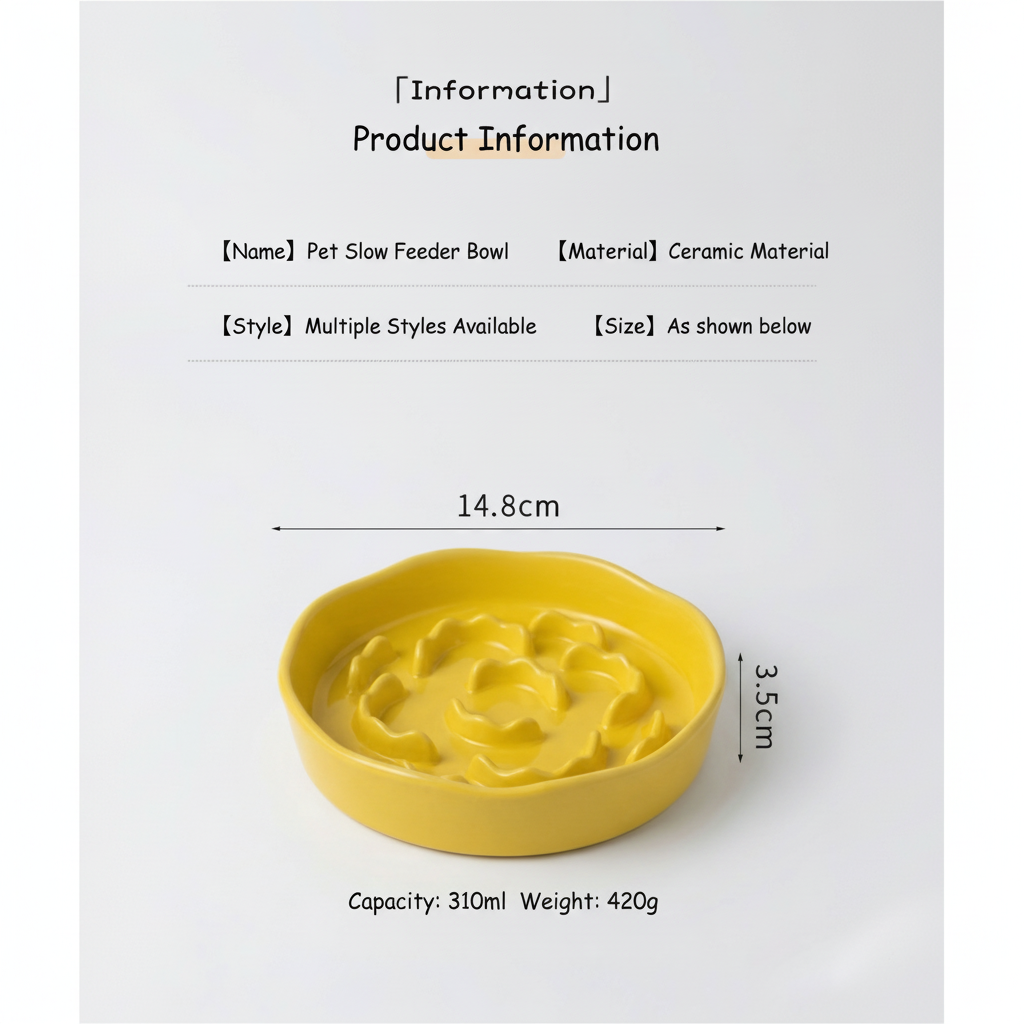 Raised Ceramic Slow Feeder Bowl for Cats & Small to Medium Dogs, Anti-Slip Base