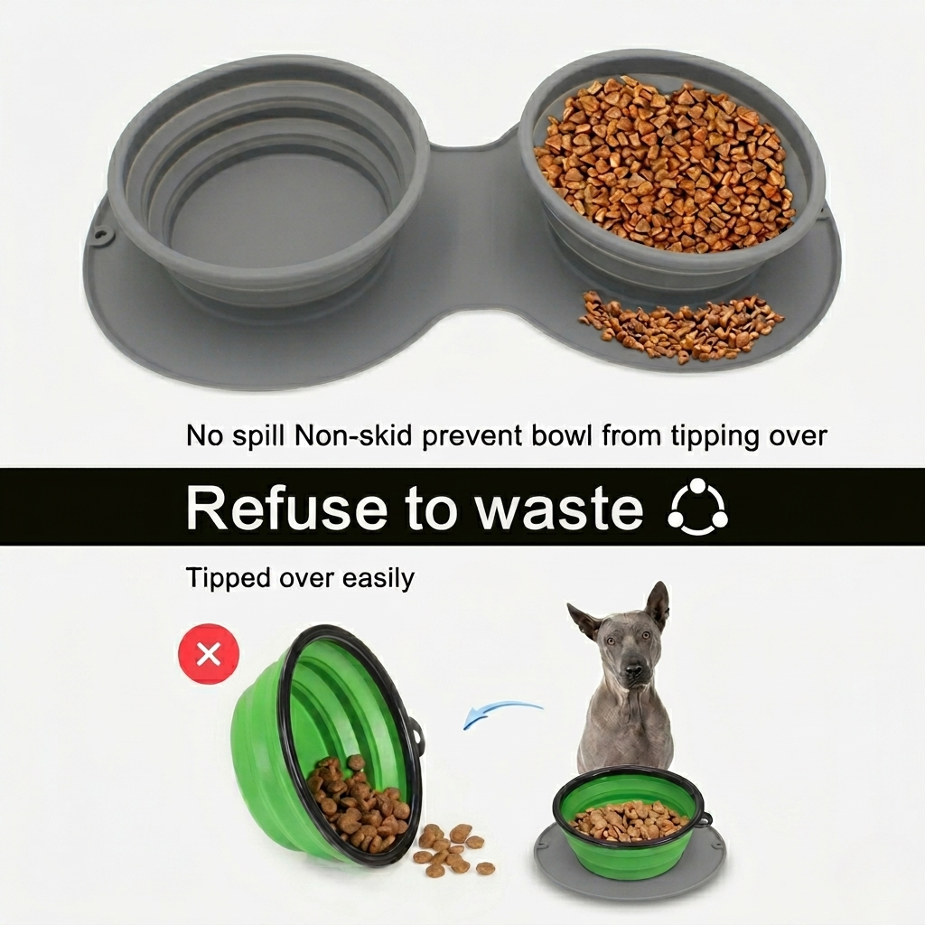 Collapsible 2-in-1 Slow Feeder Travel Bowl for Dogs & Cats, Food-Grade Silicone, Gray