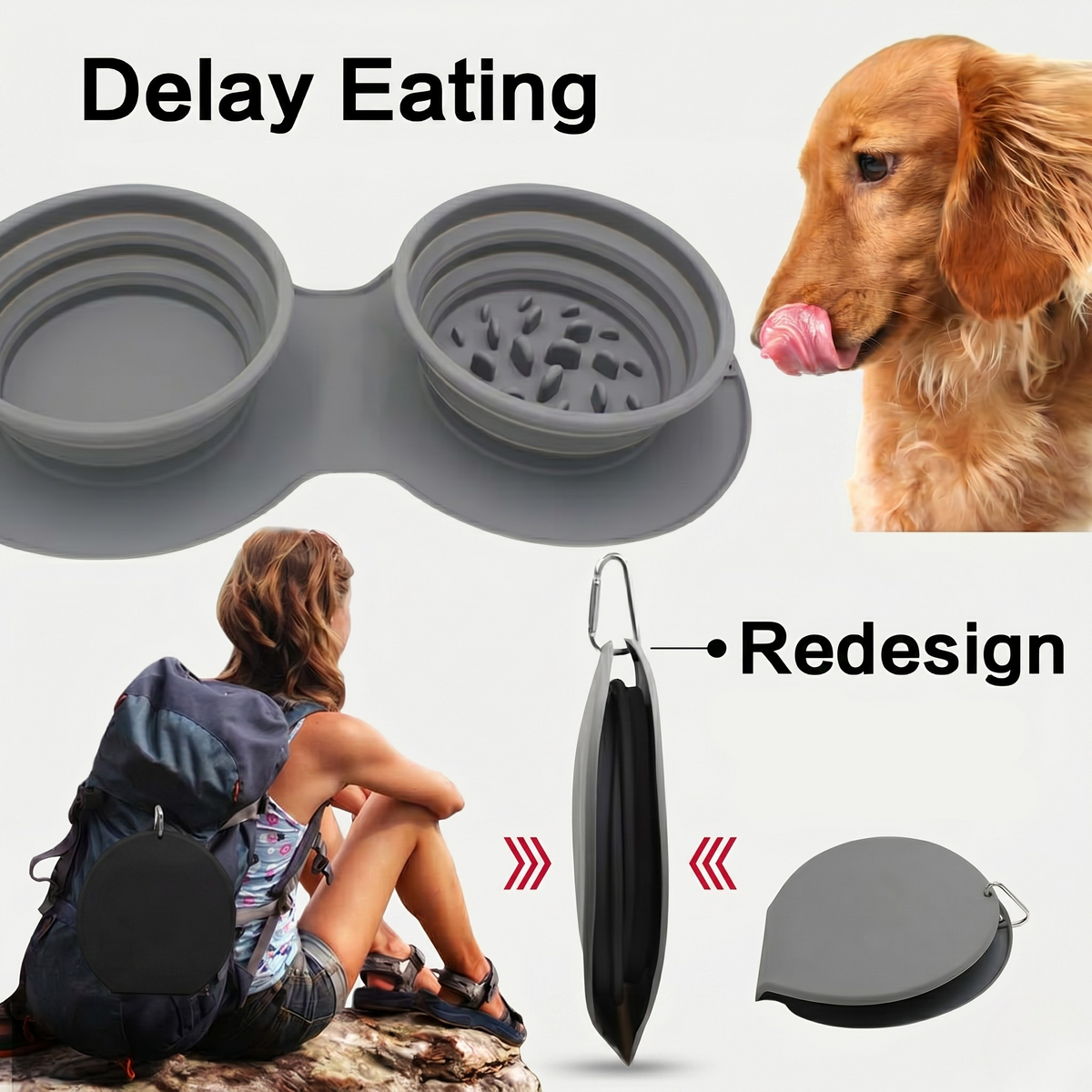 Collapsible 2-in-1 Slow Feeder Travel Bowl for Dogs & Cats, Food-Grade Silicone, Gray