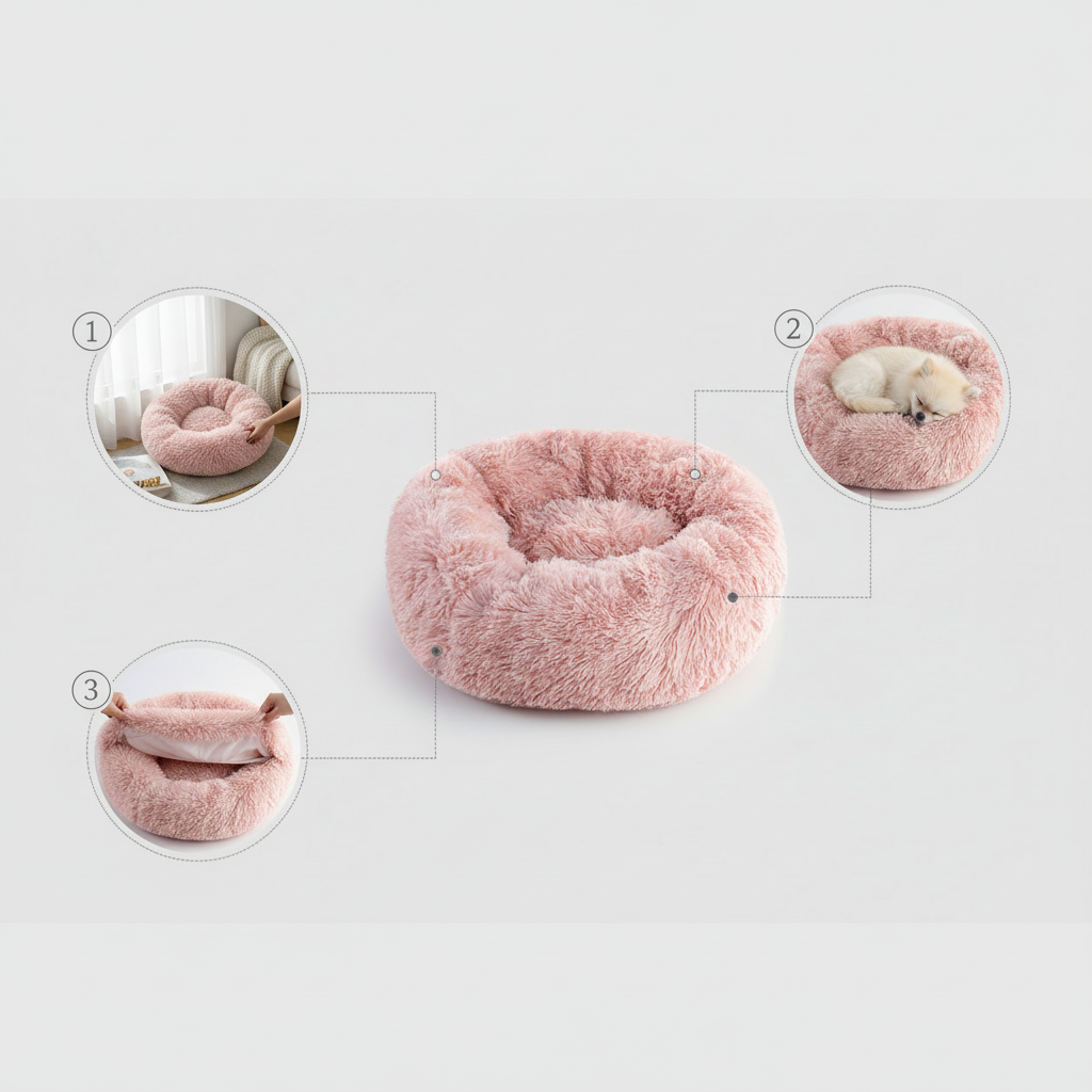 Plush Donut Pet Bed for Cats & Dogs with Raised Edges and Removable Cover, 40 to 70 cm