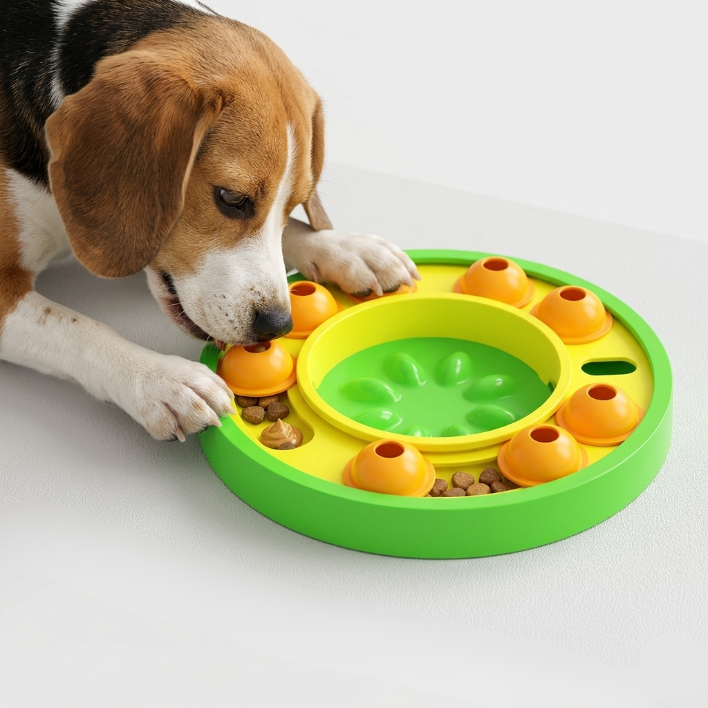 Interactive Puzzle Slow Feeder Plate for Dogs & Cats with Squeaker, Anti-Slip, 10 Inch