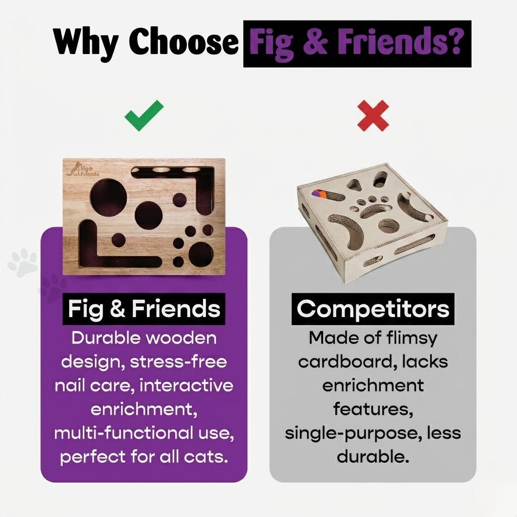 Oak Wood Cat Nail File Scratch Box, Enrichment Puzzle Toy for Catnip & Treats