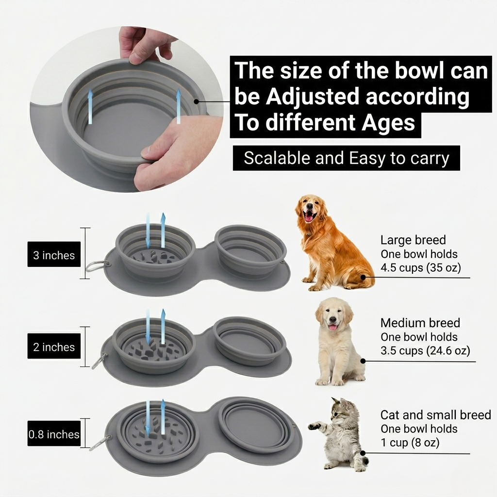 Collapsible 2-in-1 Slow Feeder Travel Bowl for Dogs & Cats, Food-Grade Silicone, Gray