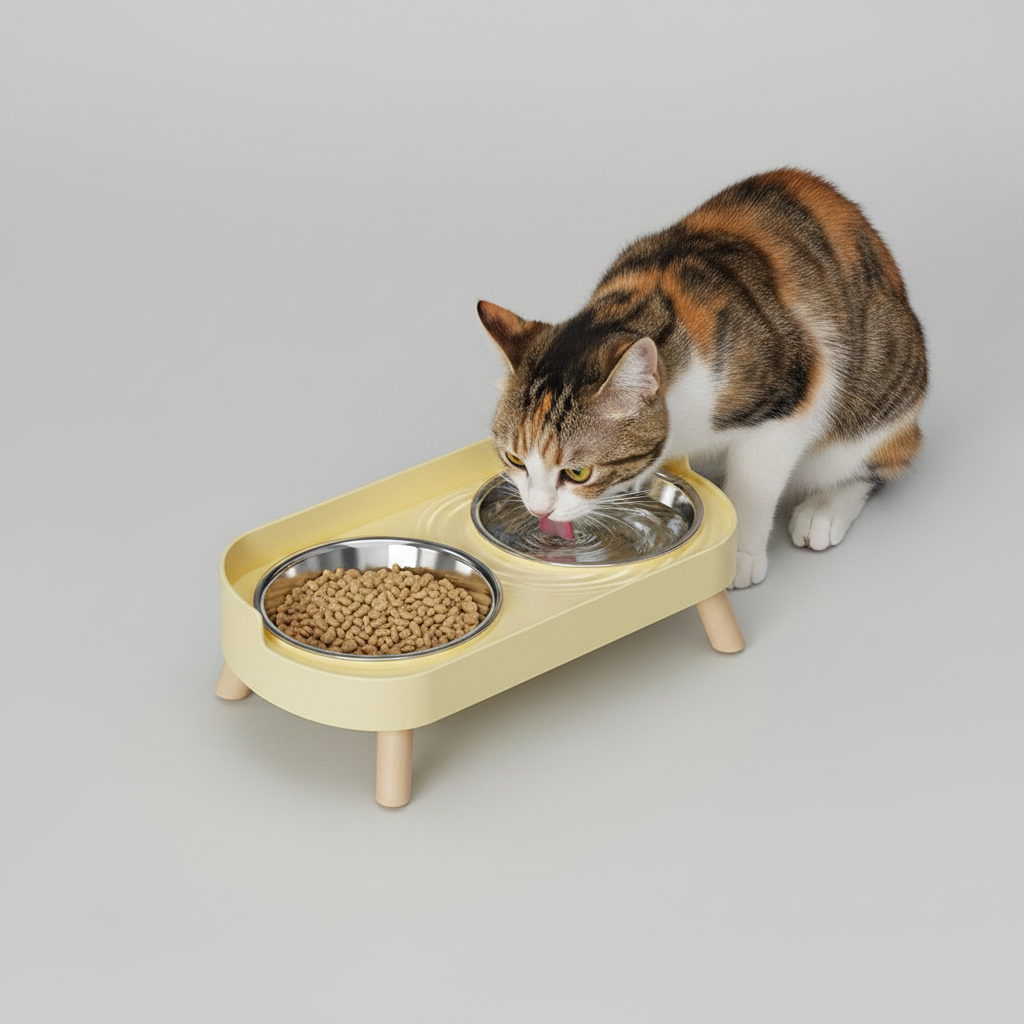 Elevated Double Pet Bowl Stand for Cats & Small Dogs, Stainless Steel or Plastic Bowls