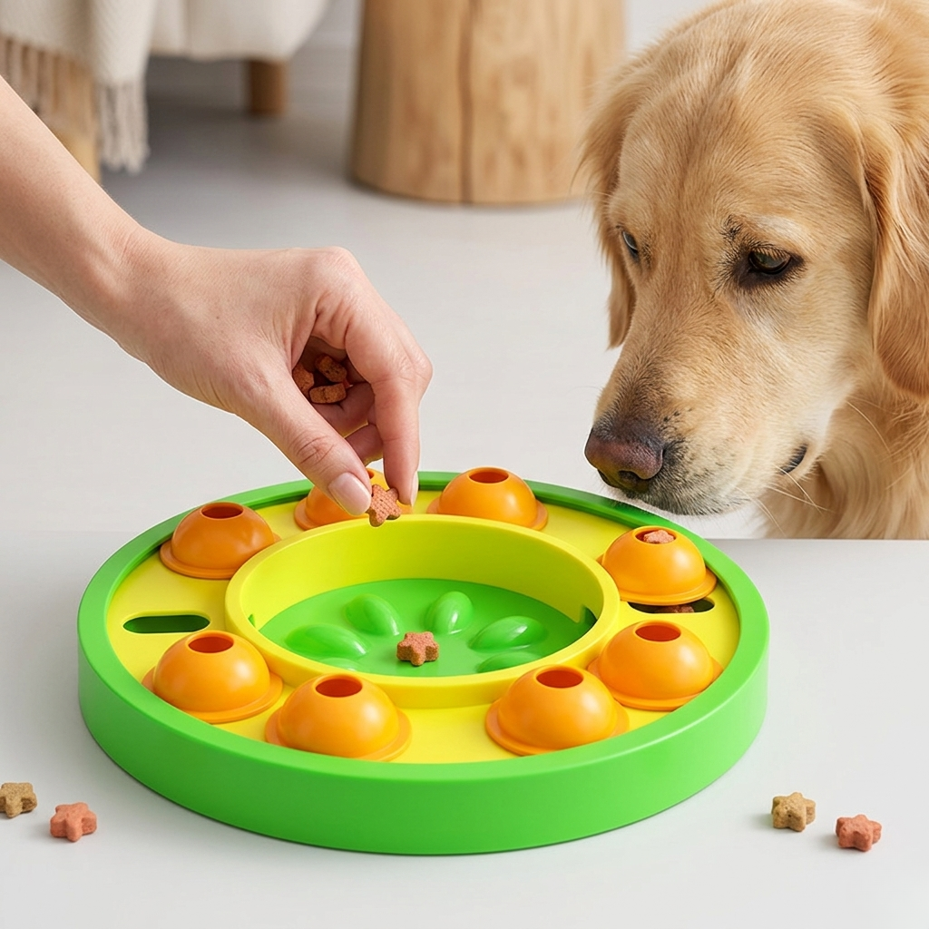 Interactive Puzzle Slow Feeder Plate for Dogs & Cats with Squeaker, Anti-Slip, 10 Inch