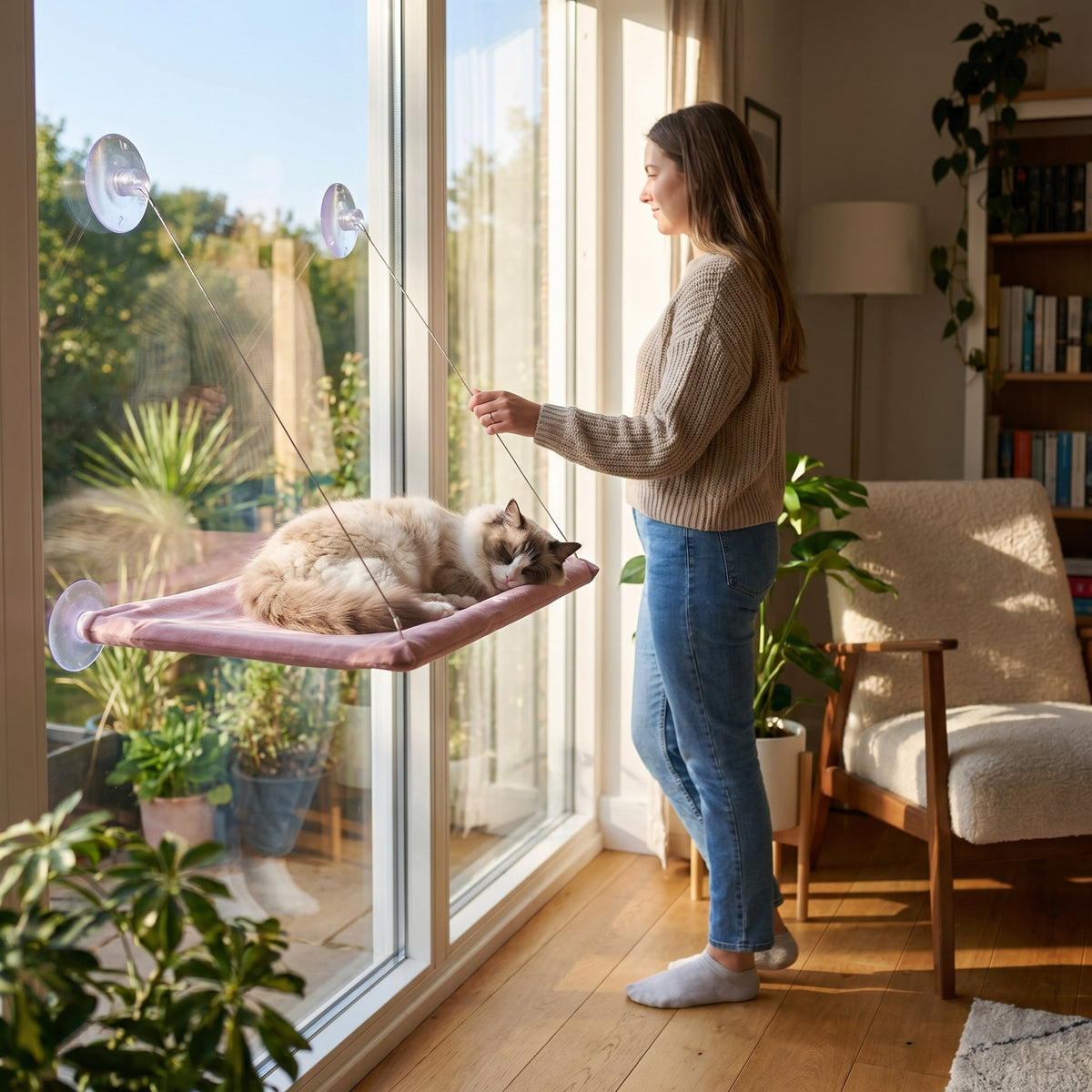 Cat Window Hammock Bed with Suction Cups, Space-Saving Window Perch, Breathable Oxford Fabric