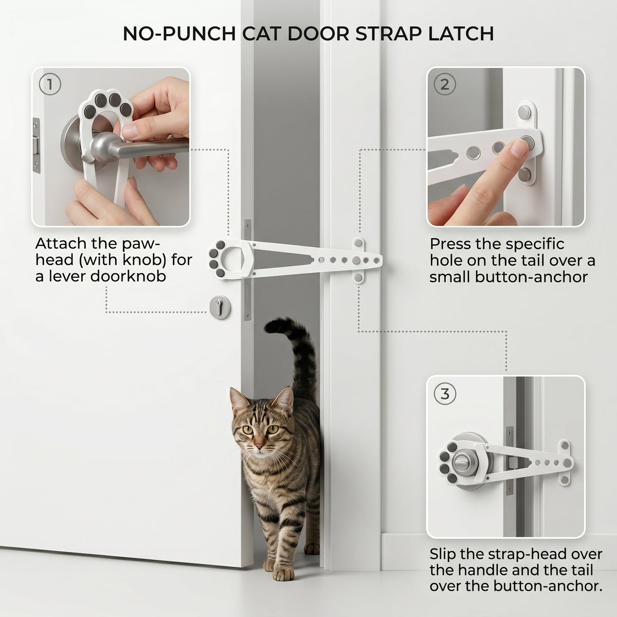 No-Drill Adjustable Cat Door Strap Latch, Lets Cats Through While Keeping Larger Pets Out
