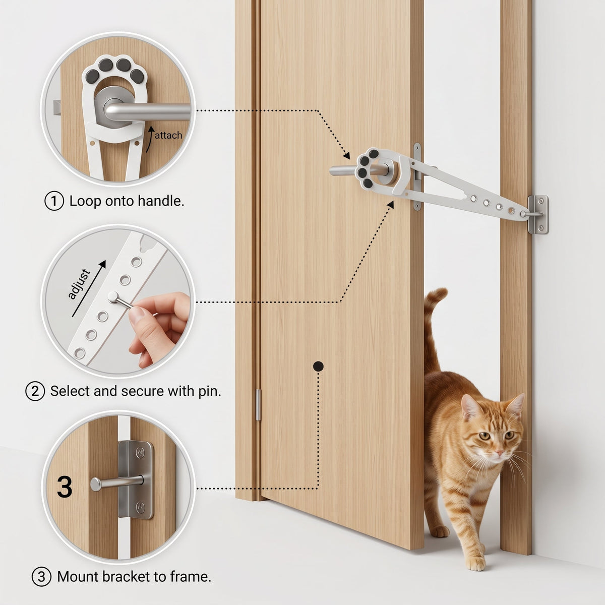 No-Drill Adjustable Cat Door Strap Latch, Lets Cats Through While Keeping Larger Pets Out