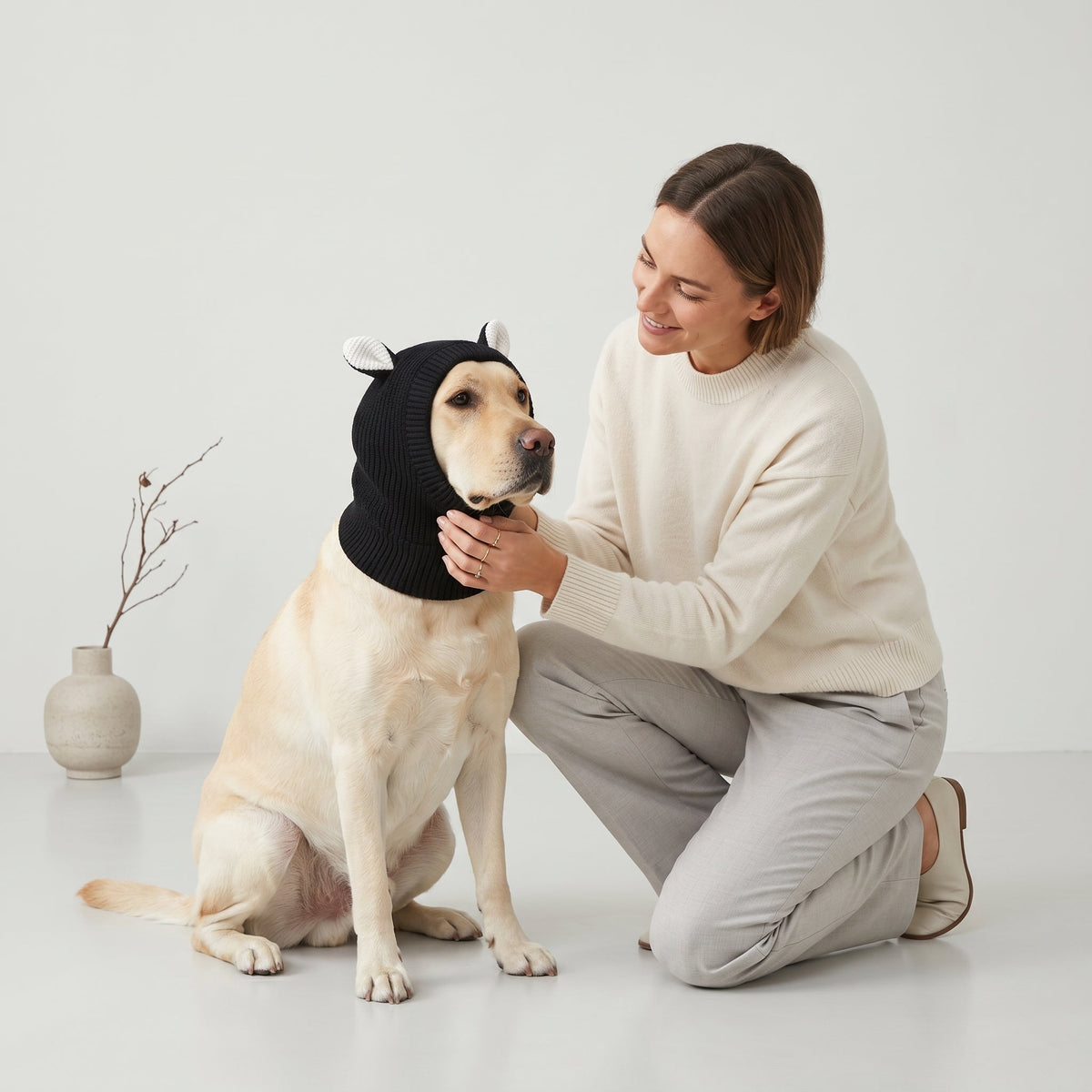Warm Knitted Winter Dog Hat with Rabbit Ears for Large Dogs, Wind-Resistant Plush