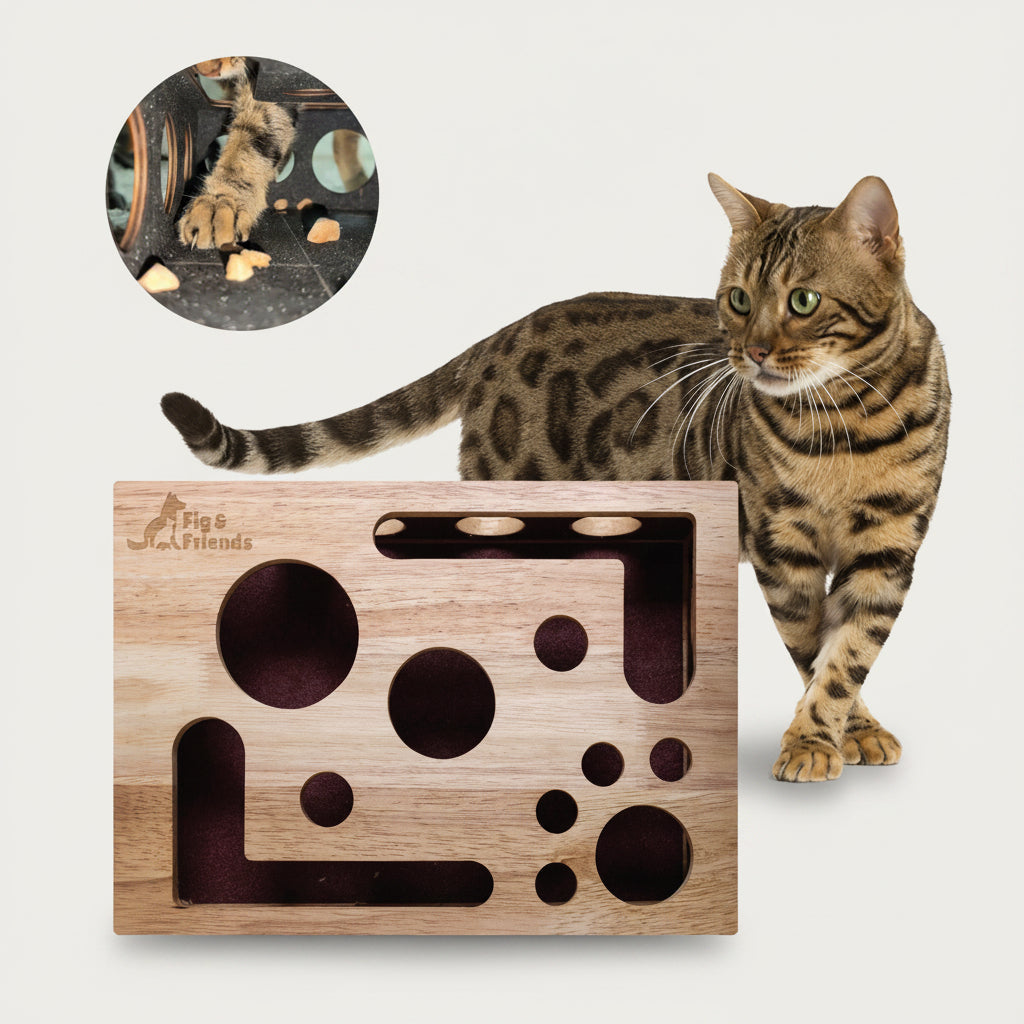 Oak Wood Cat Nail File Scratch Box, Enrichment Puzzle Toy for Catnip & Treats