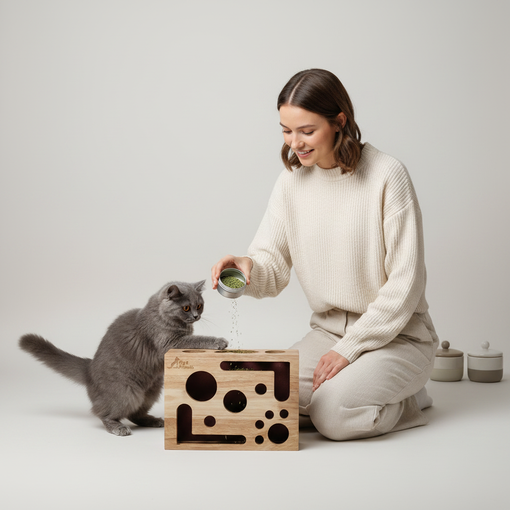 Oak Wood Cat Nail File Scratch Box, Enrichment Puzzle Toy for Catnip & Treats