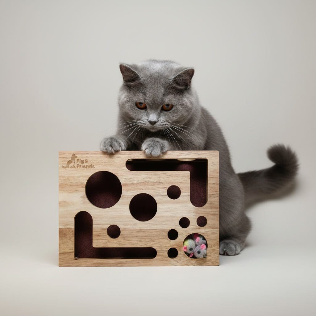 Oak Wood Cat Nail File Scratch Box, Enrichment Puzzle Toy for Catnip & Treats