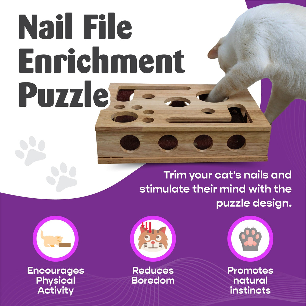 Oak Wood Cat Nail File Scratch Box, Enrichment Puzzle Toy for Catnip & Treats
