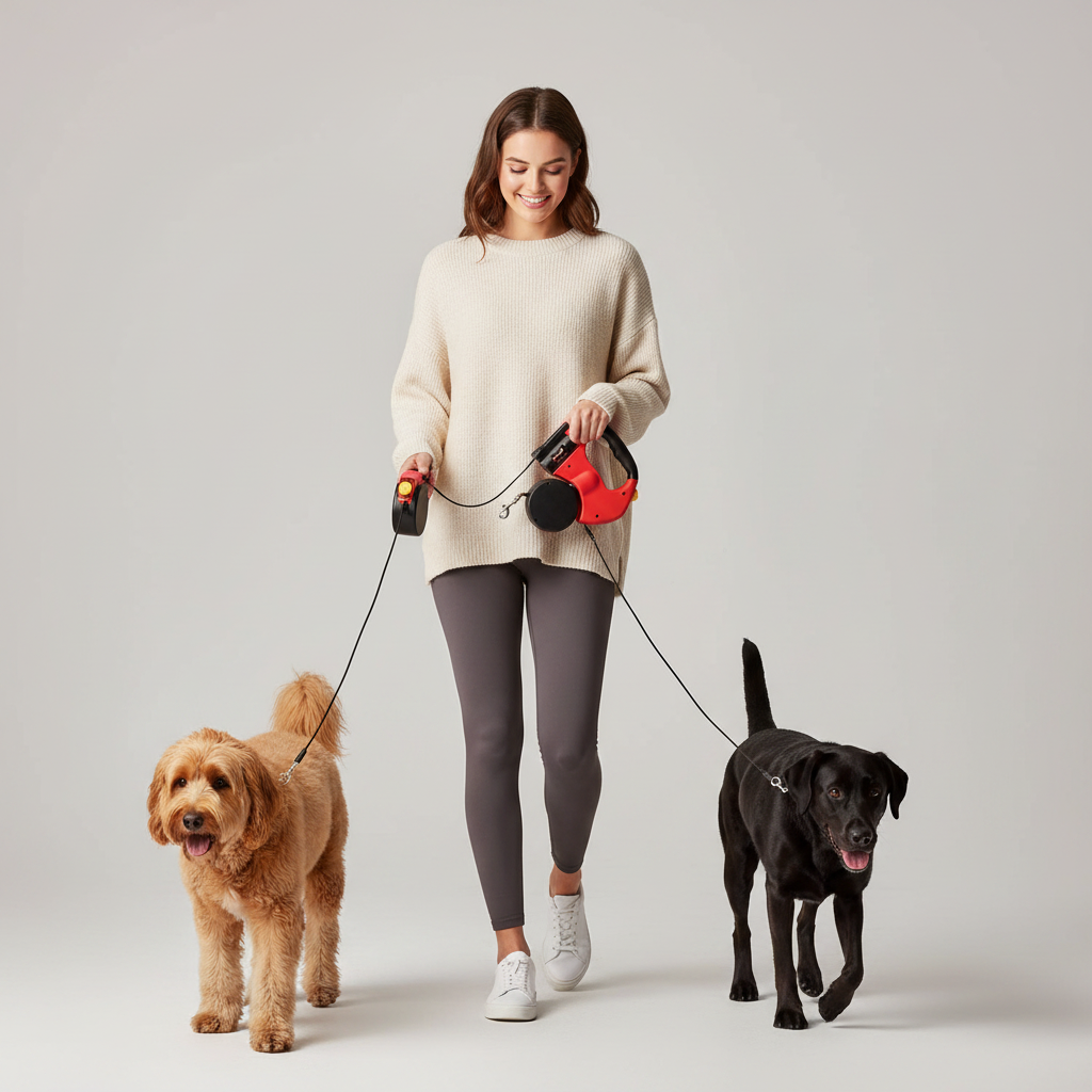 Dual Retractable Dog Leash for Two Dogs with 360° Anti-Tangle Rotation and Bag Dispenser