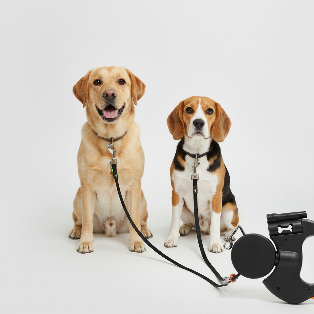 Dual Retractable Dog Leash for Two Dogs with 360° Anti-Tangle Rotation and Bag Dispenser