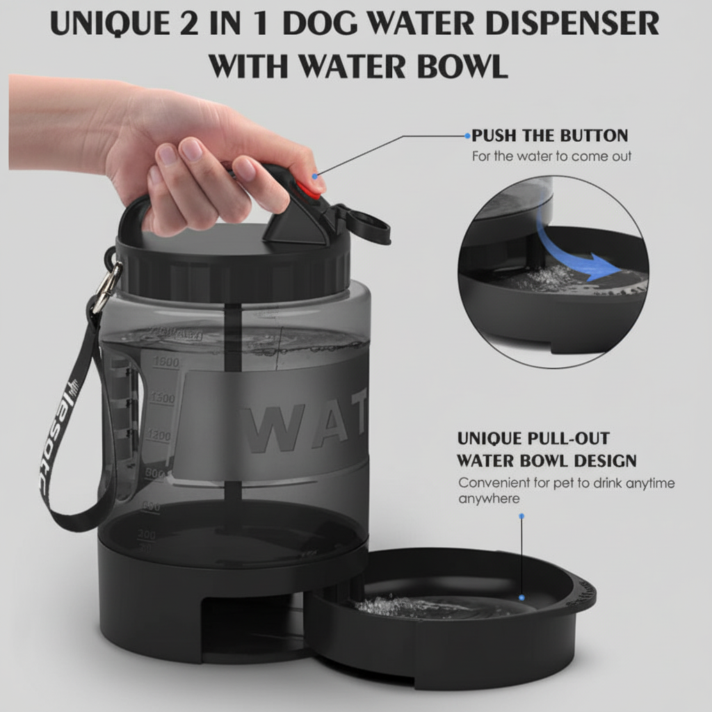 2.2L Dog Travel Water Bottle with Attached Drinking Cup and Flip-Lock Lid for Hiking