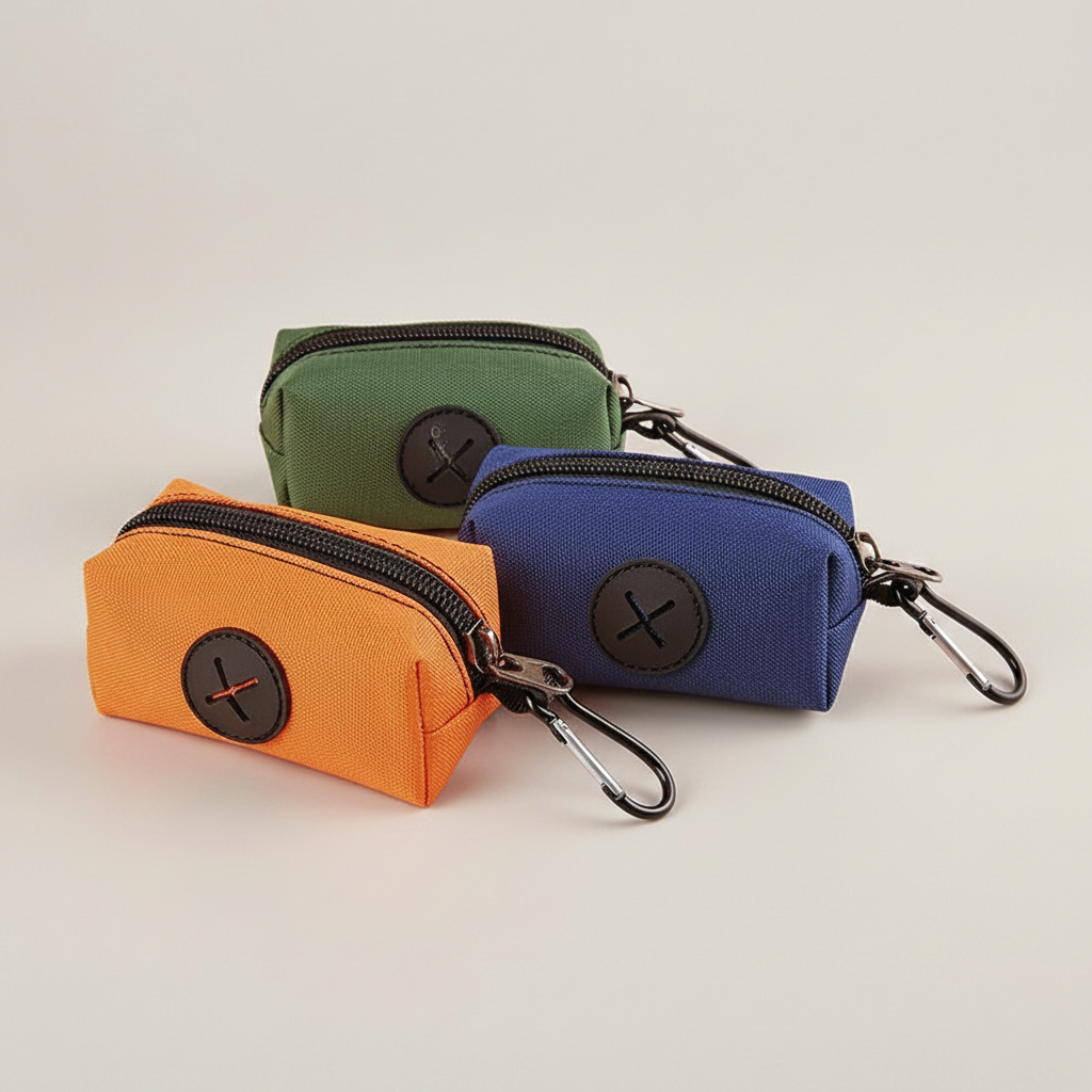 Canvas Dog Walking Pouch and Poop Bag Holder with Zipper and Metal Carabiner Clip