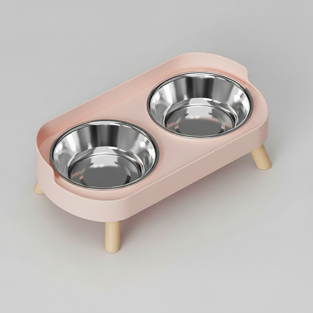 Elevated Double Pet Bowl Stand for Cats & Small Dogs, Stainless Steel or Plastic Bowls