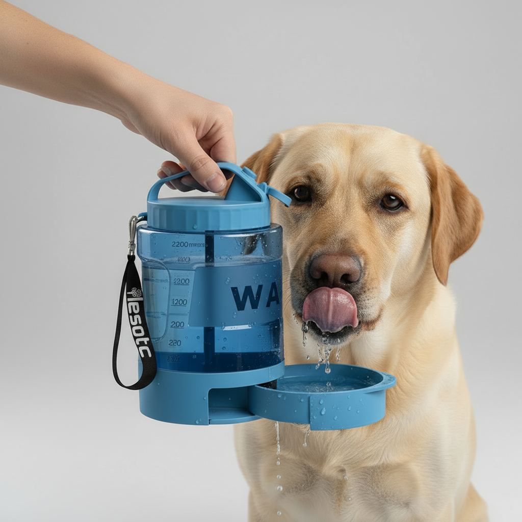 2.2L Dog Travel Water Bottle with Attached Drinking Cup and Flip-Lock Lid for Hiking