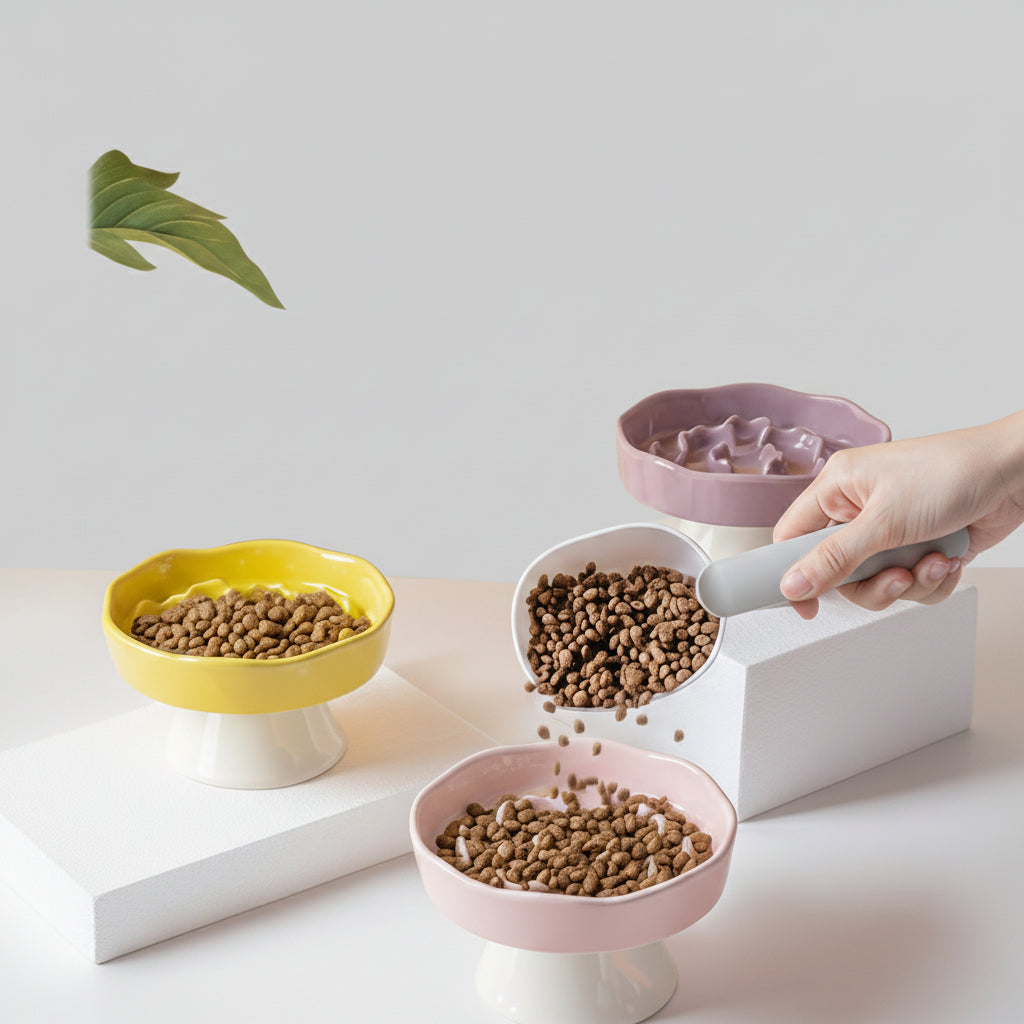 Raised Ceramic Slow Feeder Bowl for Cats & Small to Medium Dogs, Anti-Slip Base