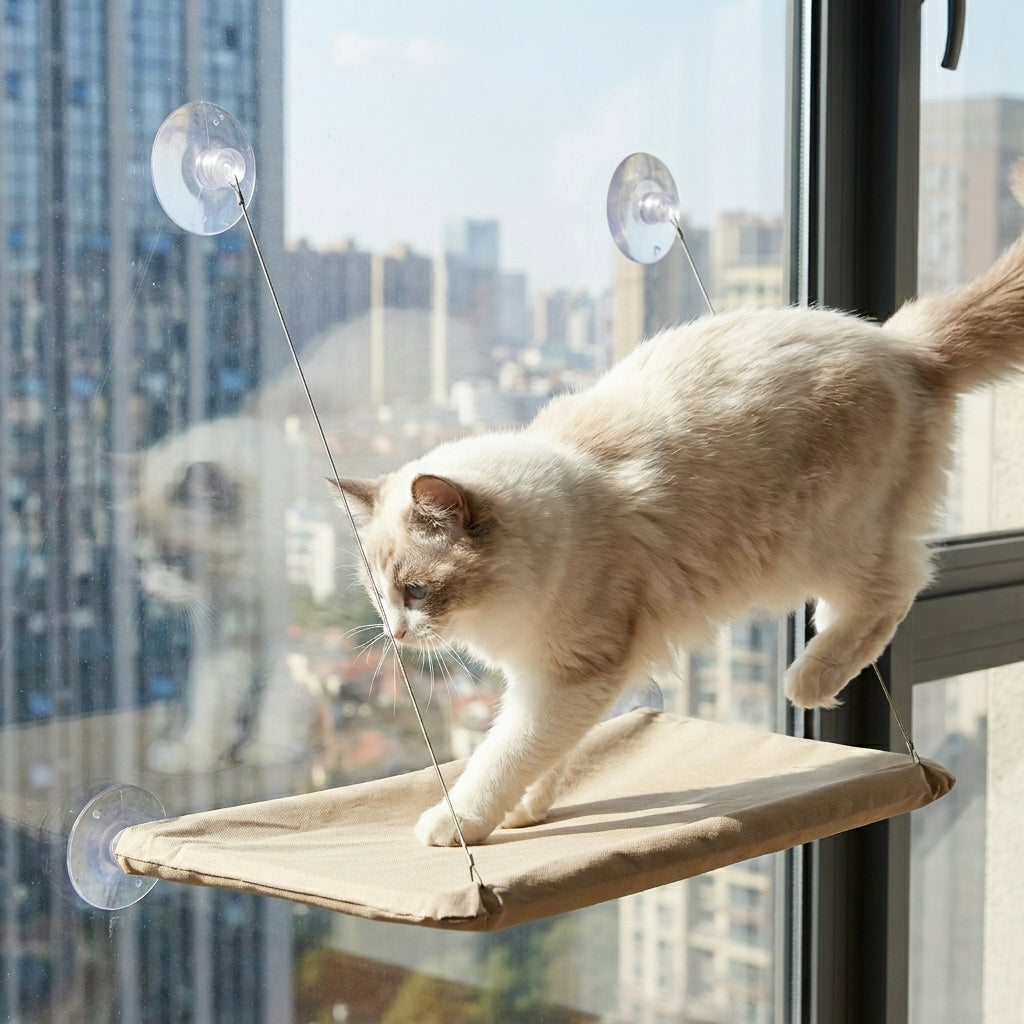 Cat Window Hammock Bed with Suction Cups, Space-Saving Window Perch, Breathable Oxford Fabric