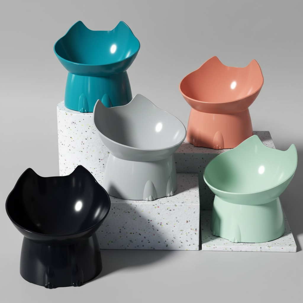 Tilted Raised Pet Bowl with Cat-Ear Design for Cats & Small Dogs, Durable Plastic