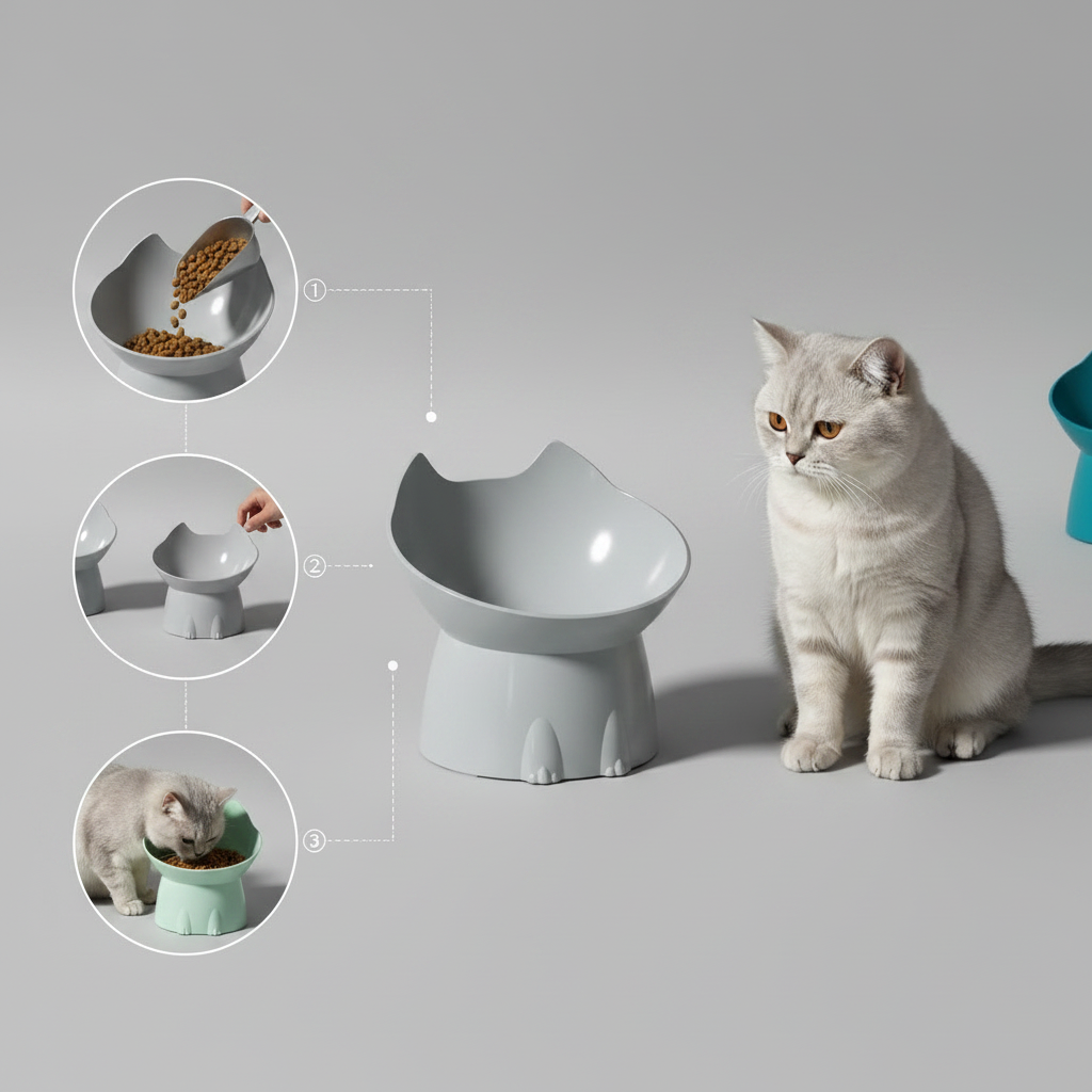 Tilted Raised Pet Bowl with Cat-Ear Design for Cats & Small Dogs, Durable Plastic