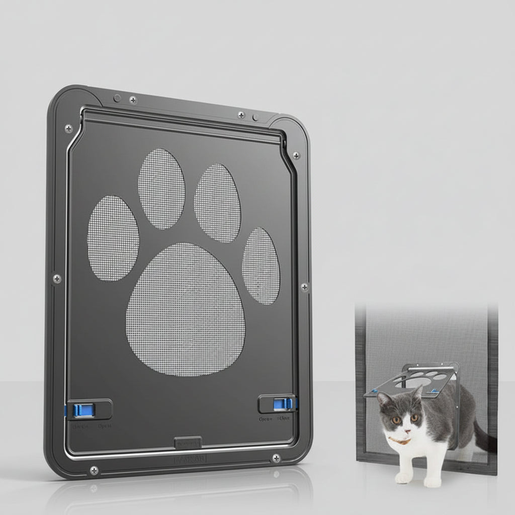 Lockable Pet Screen Door for Cats & Small Dogs, 4-Way Locking Flap for Mesh Screens
