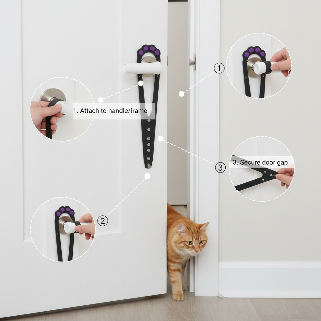 No-Drill Adjustable Cat Door Strap Latch, Lets Cats Through While Keeping Larger Pets Out