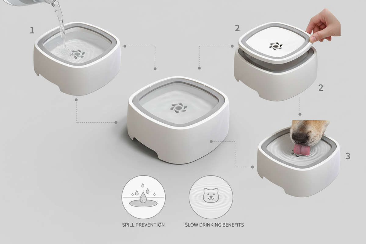 Spill-Resistant Floating Plate Dog Water Bowl, 1L Slow Drinking Design, Easy to Clean