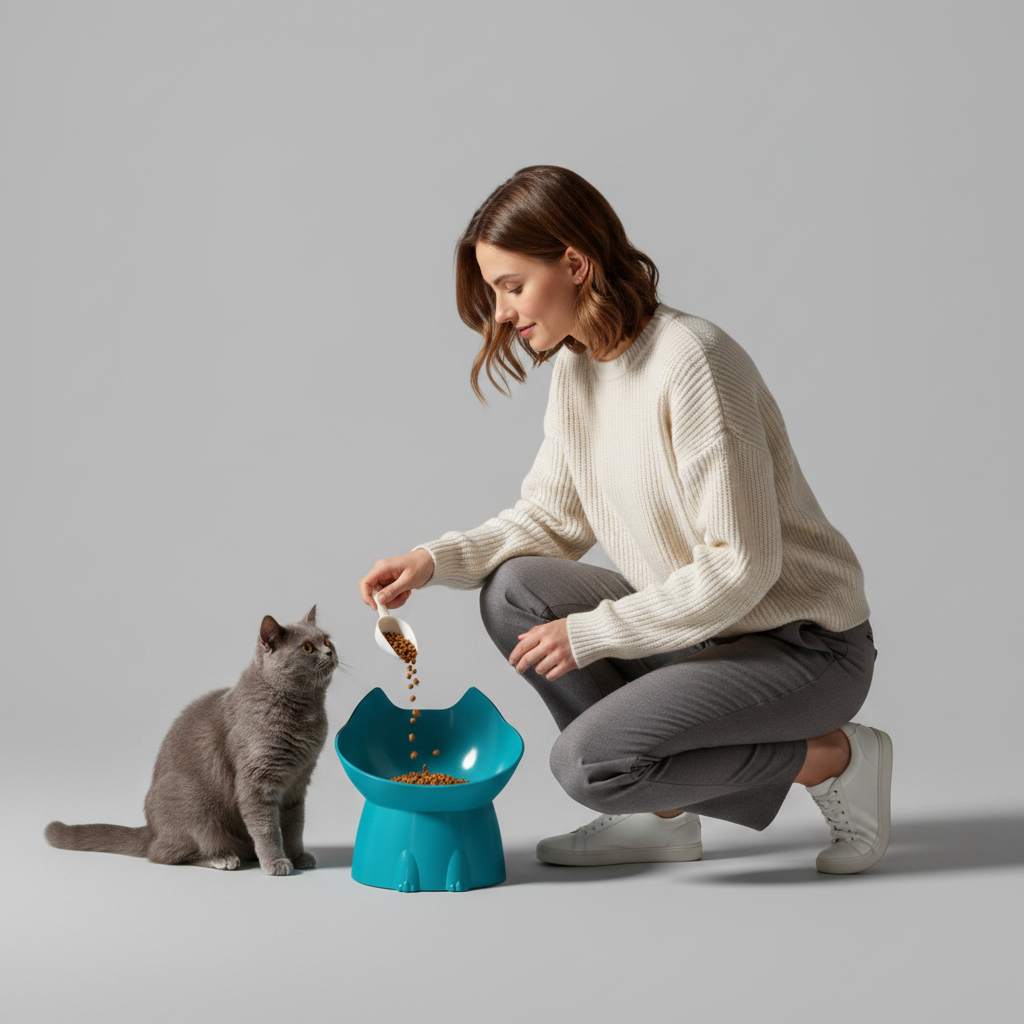 Tilted Raised Pet Bowl with Cat-Ear Design for Cats & Small Dogs, Durable Plastic