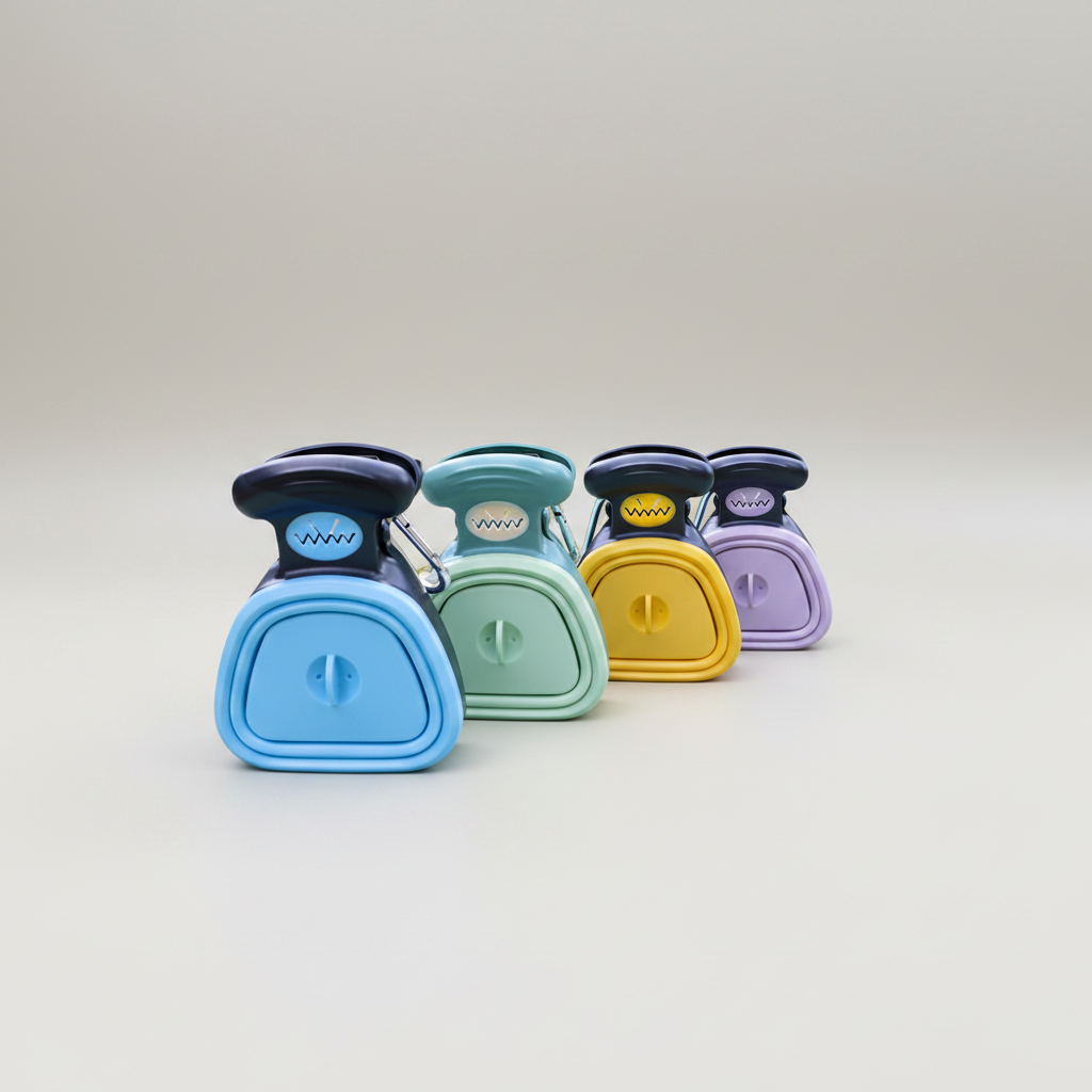 One-Hand Foldable Dog Poop Scooper with Bag Clip and Carabiner, Silicone, Small or Large