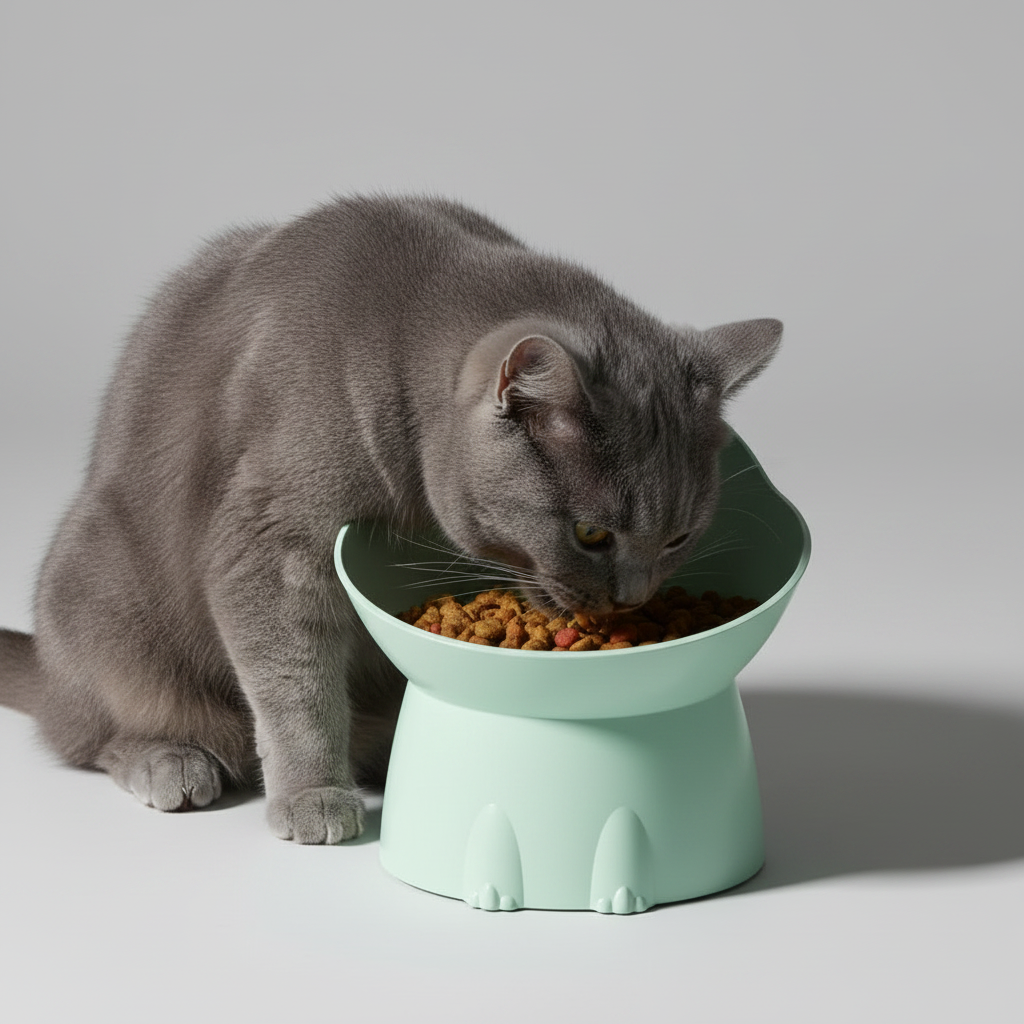 Tilted Raised Pet Bowl with Cat-Ear Design for Cats & Small Dogs, Durable Plastic