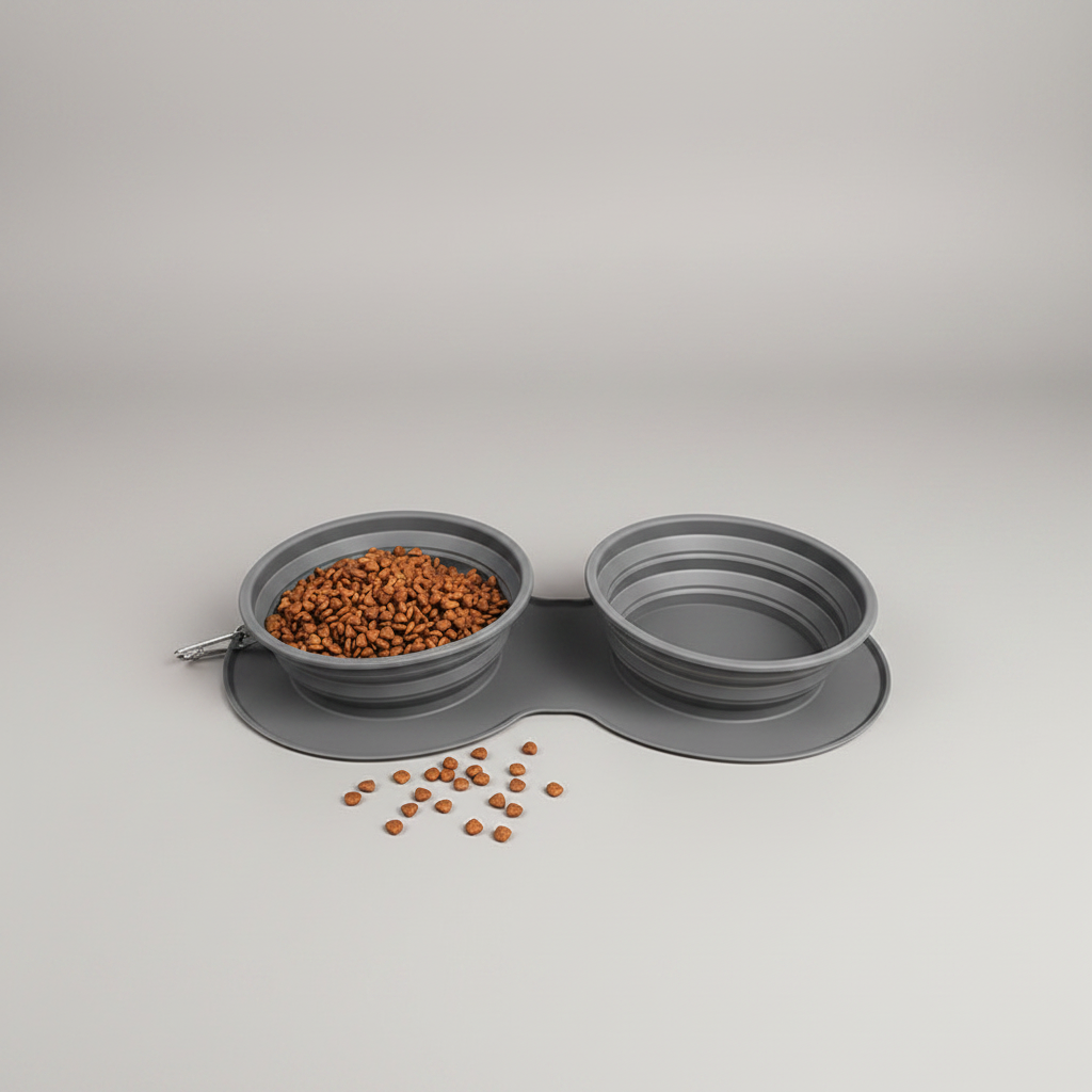 Collapsible 2-in-1 Slow Feeder Travel Bowl for Dogs & Cats, Food-Grade Silicone, Gray