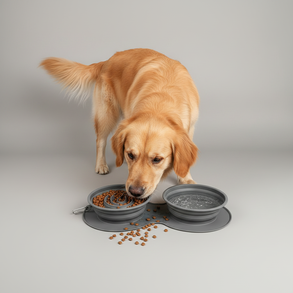 Collapsible 2-in-1 Slow Feeder Travel Bowl for Dogs & Cats, Food-Grade Silicone, Gray