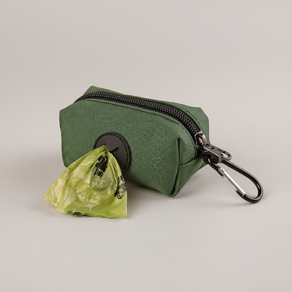Canvas Dog Walking Pouch and Poop Bag Holder with Zipper and Metal Carabiner Clip