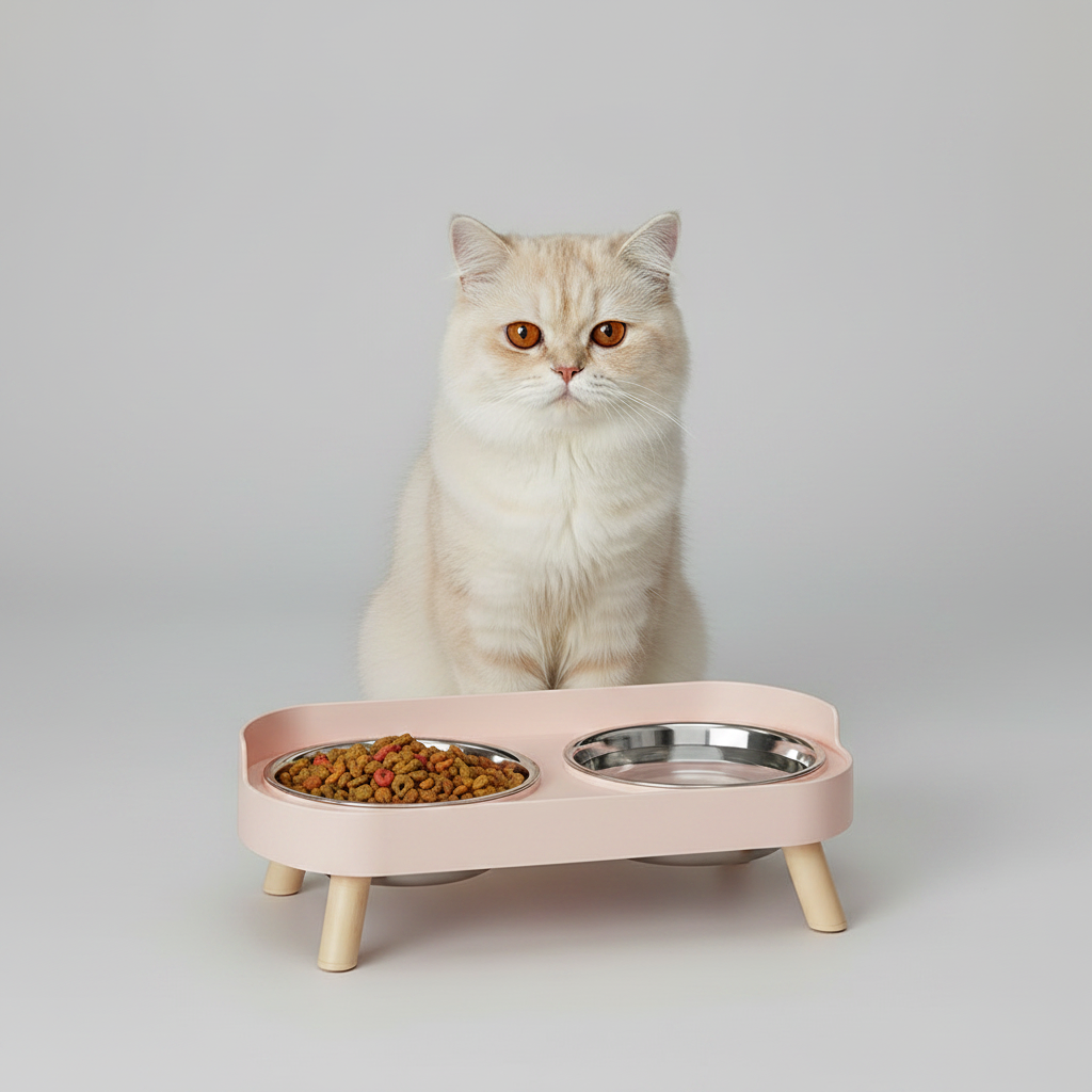Elevated Double Pet Bowl Stand for Cats & Small Dogs, Stainless Steel or Plastic Bowls