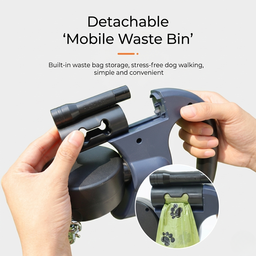 Dual Retractable Dog Leash for Two Dogs with 360° Anti-Tangle Rotation and Bag Dispenser