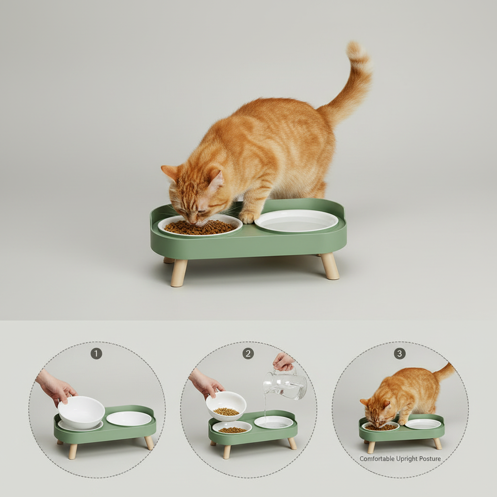 Elevated Double Pet Bowl Stand for Cats & Small Dogs, Stainless Steel or Plastic Bowls
