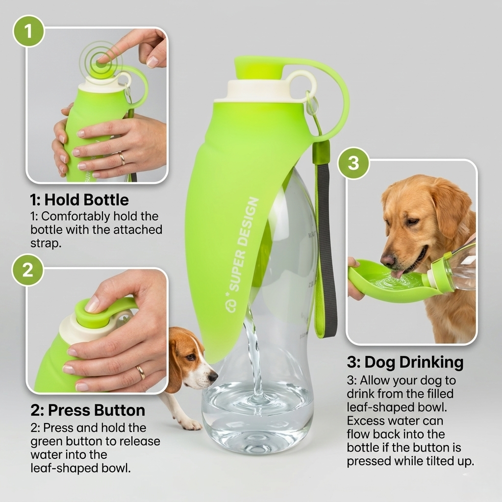 Portable Dog & Cat Water Bottle with Built-In Drinking Tray, One-Hand Leak-Proof Design