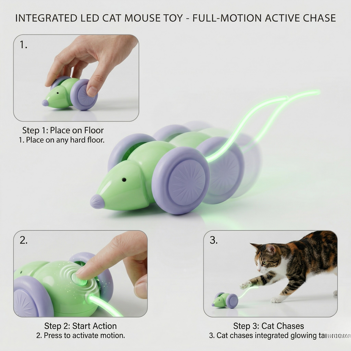 Interactive Cat Mouse Toy with Light-Up LED Tail, USB Rechargeable, 12 Inch