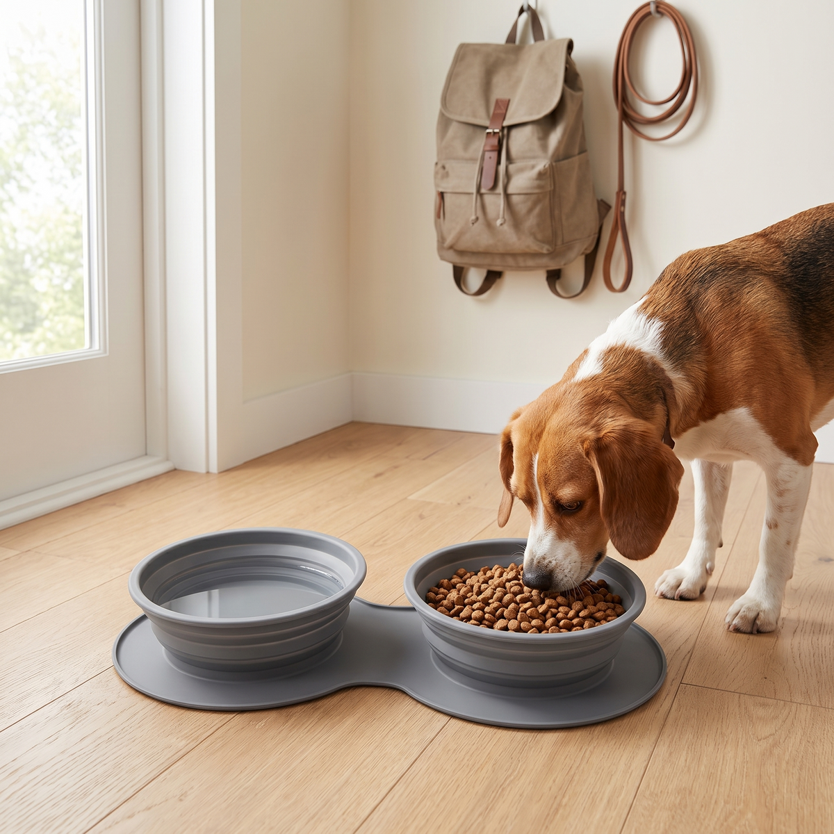 Gray collapsible 2-in-1 silicone slow feeder travel bowl for dogs and cats
